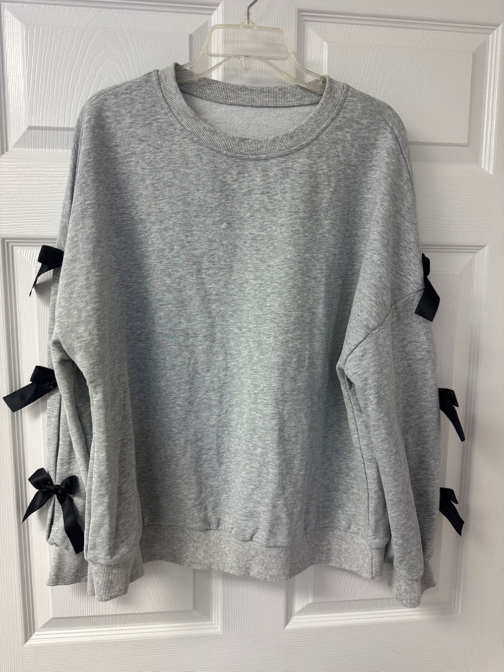 Gray Sweatshirt with Black Bow Sleeve Detail